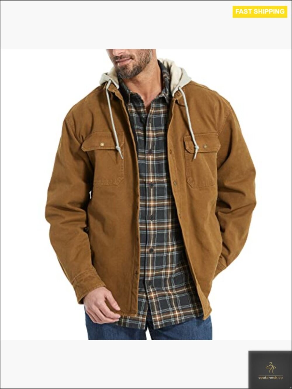Men's Hooded Fleece-Lined Canvas Shirt Jacket Relaxed Fit Snap Front 5 Pockets - Picture 2 of 4